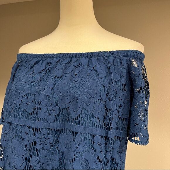 LOFT lace off shoulders, royal navy loose fit knee length dress size Medium - Picture 2 of 12